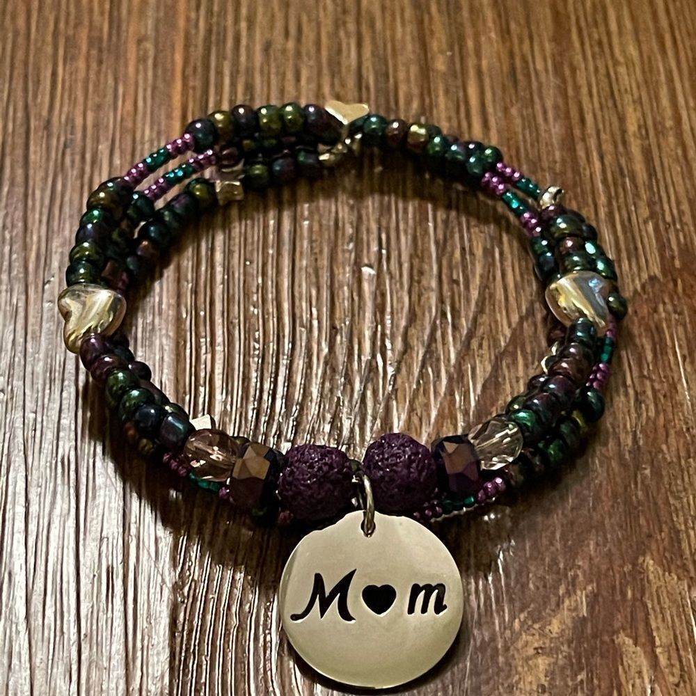 Handmade purple and teal mom beaded bracelet